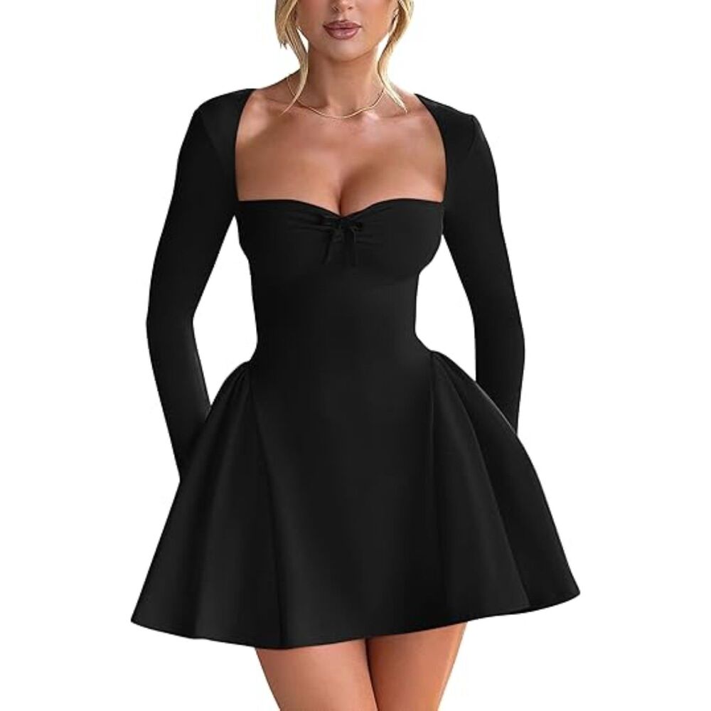 Long Sleeve Sweetheart Neck A-line Ruffle Hem Mini Dress, XL, 6B-142D010
